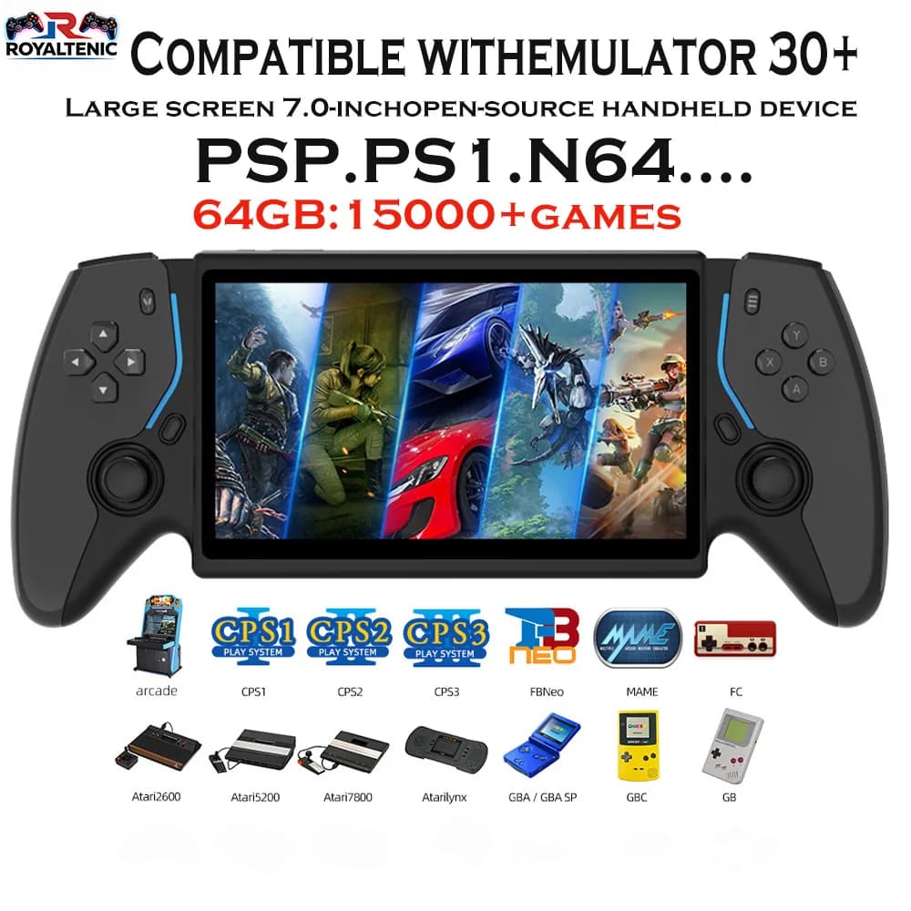Portable Handheld Game Console, 256GB Storage, 7-Inch IPS Screen, Supports 30+ Retro PS1 and CPS2 Games and Emulators.
