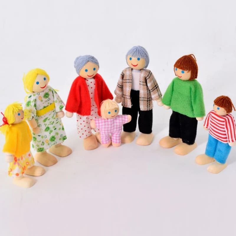 Kids Small Wooden Furniture Happy Dollhouse Family Mini Dolls Set Toy Children Humanoid Figures Dressed Pretend Toy Gift
