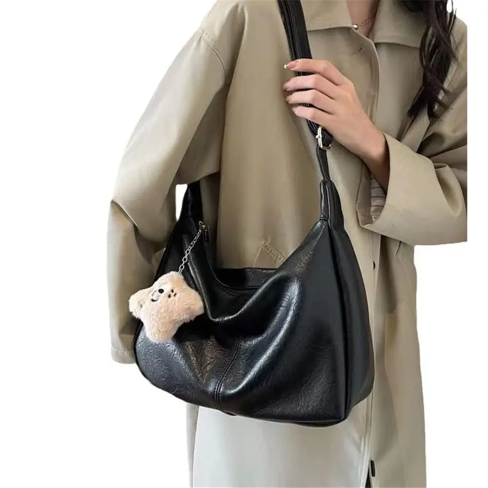 Trendy Slouchy Shoulder Bag for Women PU Leather Large Capacity Underarm Bag Retro Ladies Hobo Tote Bag
