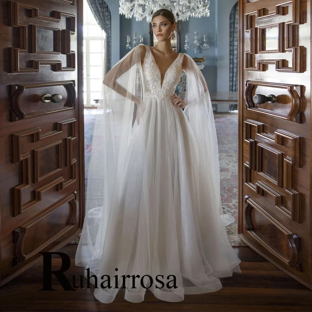 Ruhair Fashionable Wedding Gown for Women V-neck A-line Appliques Button Spaghetti Straps Tulle Vestido De Novia Customized