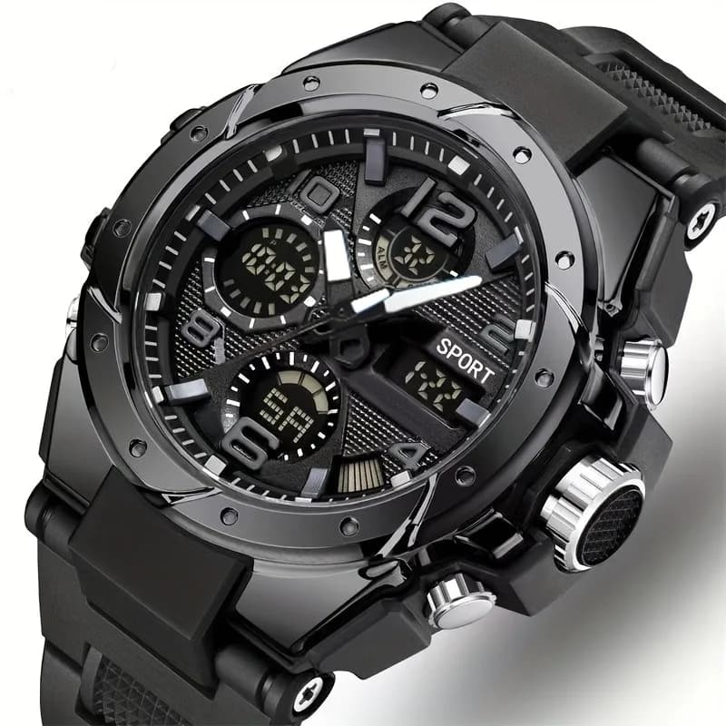 Rugged Dual Display Men's Sports Watch - Automatic Quartz & Digital, Black Alloy Case, TPU Strap, Chronograph & Alarm, Multifunc