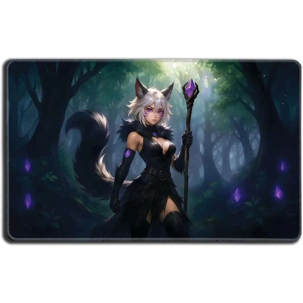 Anime Cat Warlock Playmat 24x14 TCG Mats for The Magic Gathering Commander Non-Slip Stitched Play Mat for MTG Cards & Decks