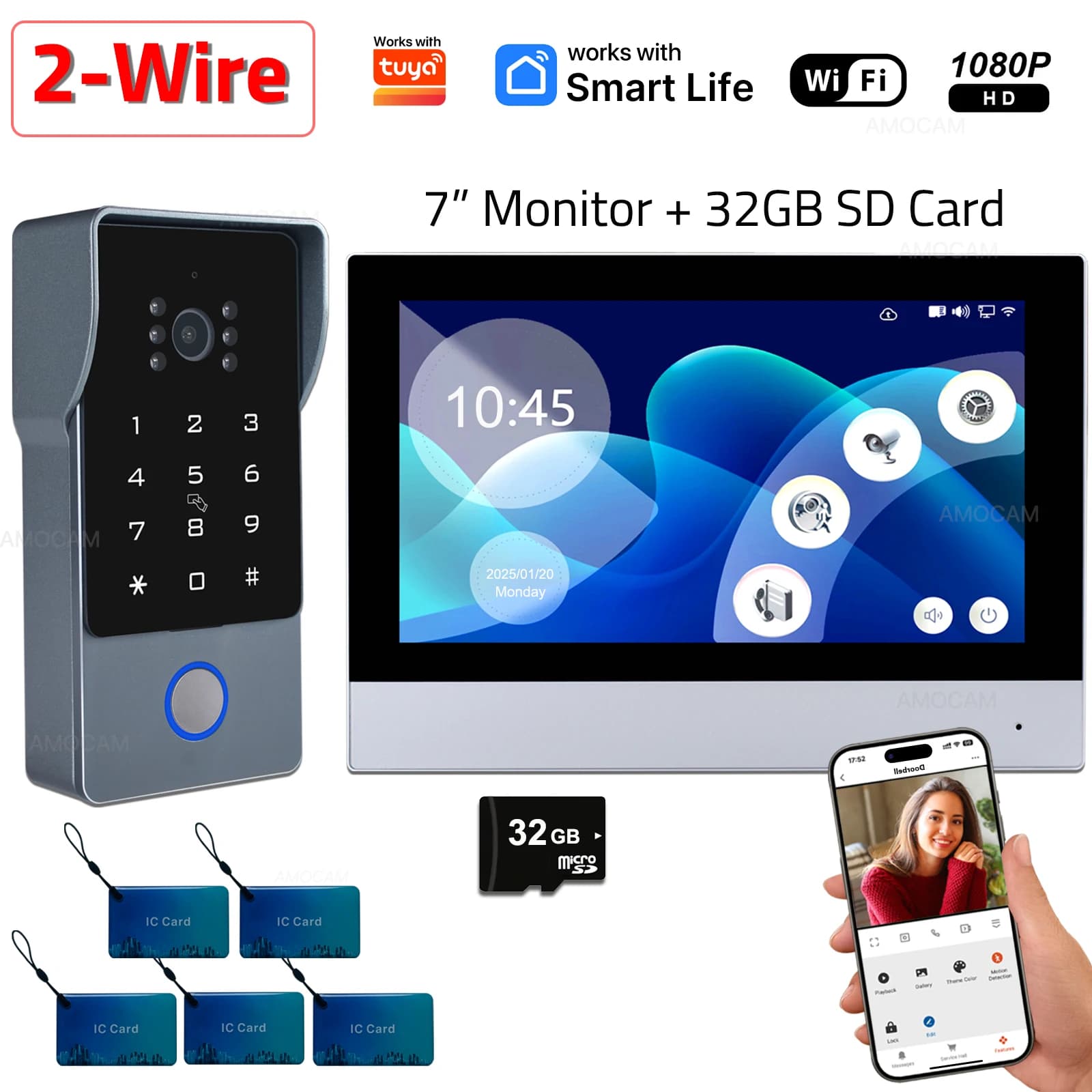 2 Wires Smart Home Wifi 1080P Video Intercom Video DoorPhone System Work with Tuya 7'' Touch Monitor Video Doorbell Door Camera