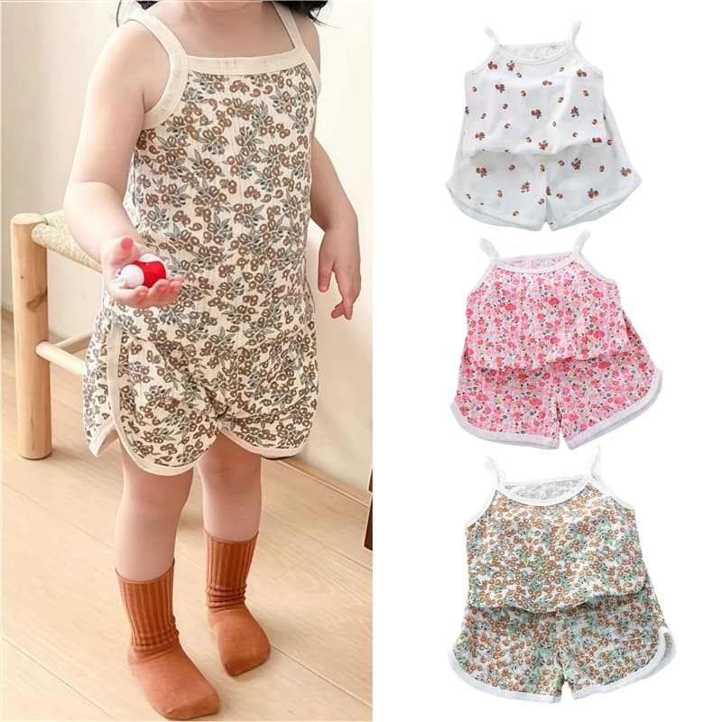 Girls Summer Clothes Sets New Baby Sleeveless Tops Shorts 2 Pieces Suit Girls Square Collar Clothing Set Kids Cotton Clothes
