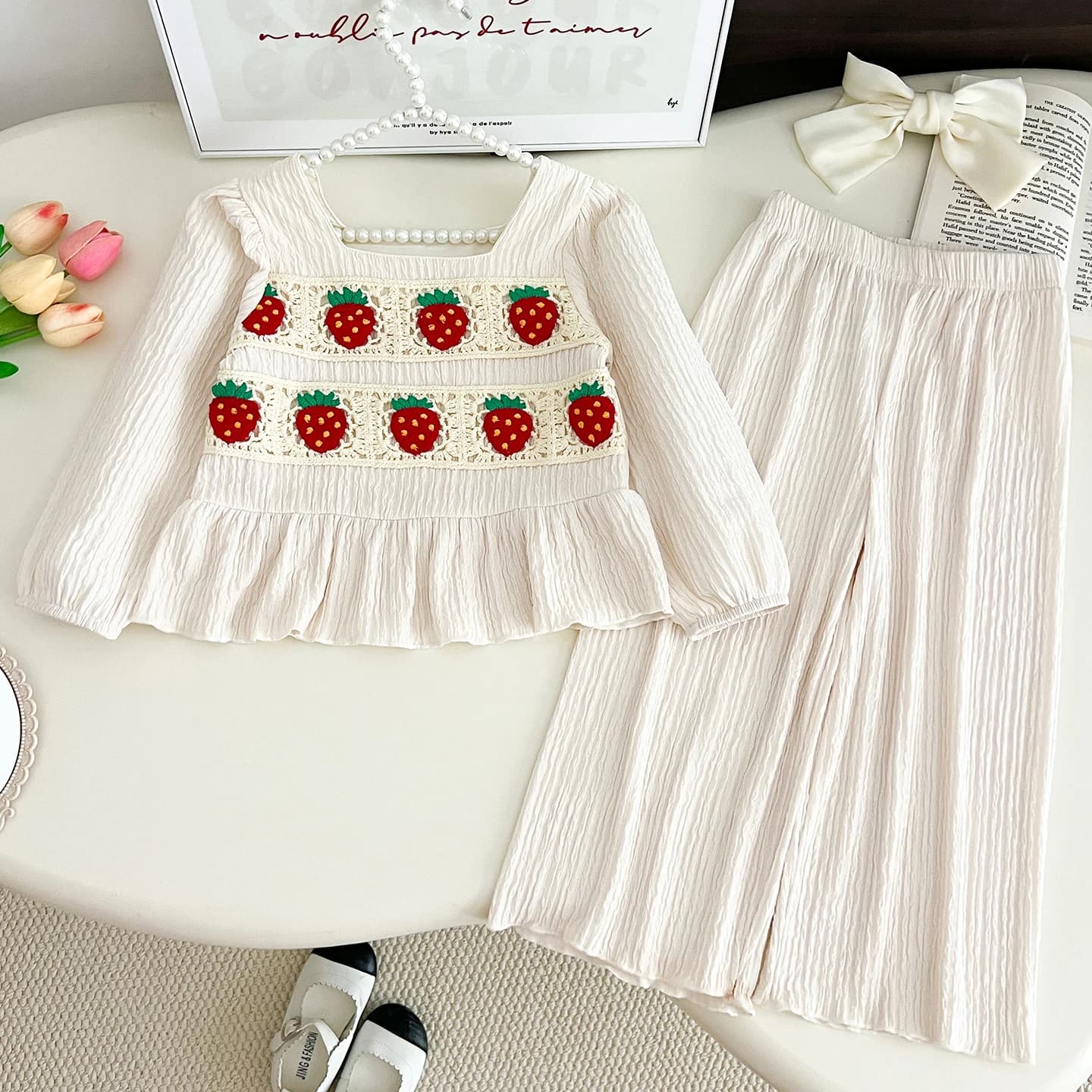 Girls Clothing Sets Autumn Strawberry Gouhua Long-sleeved Ruffled Top Wide Leg Pants 2-piece Kids Clothes Suit