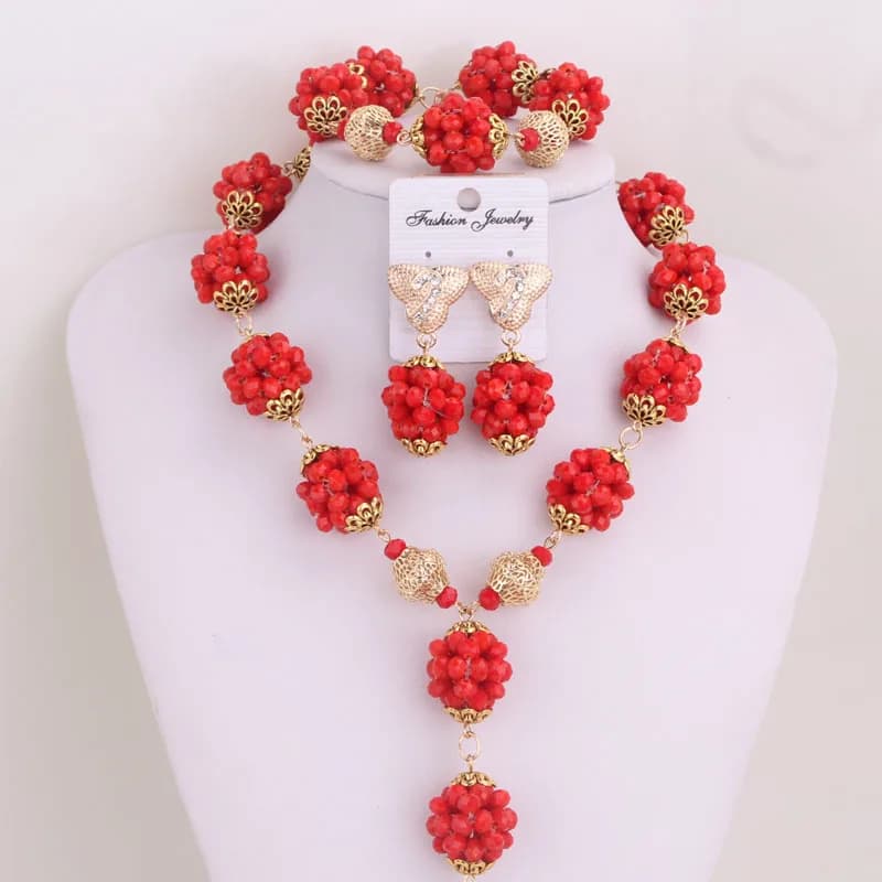 Splendid African Jewelry Sets For Women Luxury 2024 Traditional Red Crystal Beaded Balls