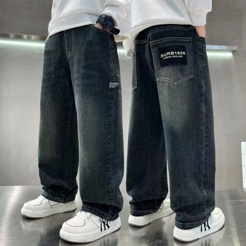 Spring Autumn Teenage Boys Denim Pants Kids Fashion Letter Jeans Pants Casual Loose Straight Trousers for 4-14 Years Old