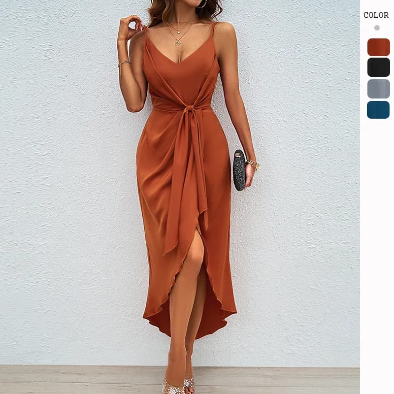 Charming Summer Cocktail Dresses V Neck Sleeveless Satin Women Prom Gowns Sexy Front Split Ankle Length Evening Party Skirts