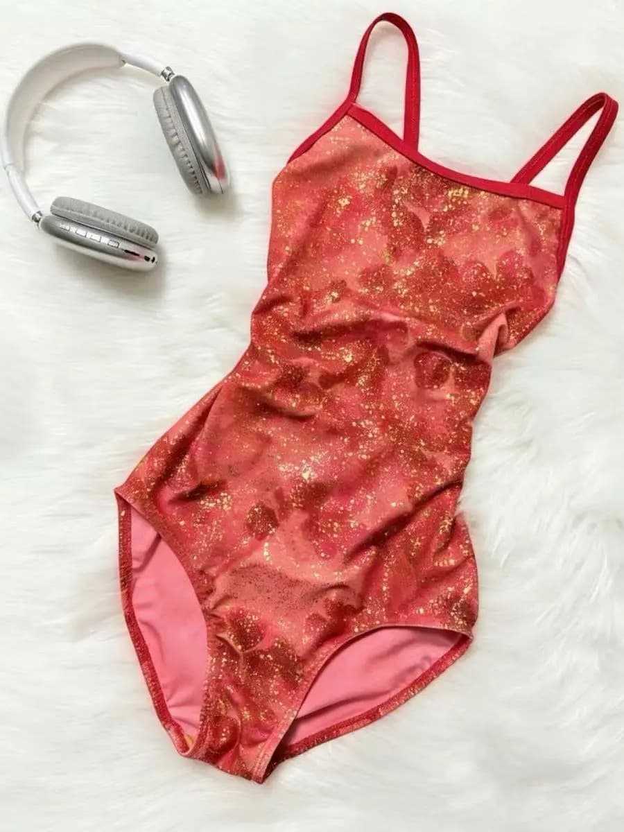 Women's Competitive Swimming Suit Red One-Piece Design Low Slit Sport Training Swimsuit Slimming round Neck No Sleeve