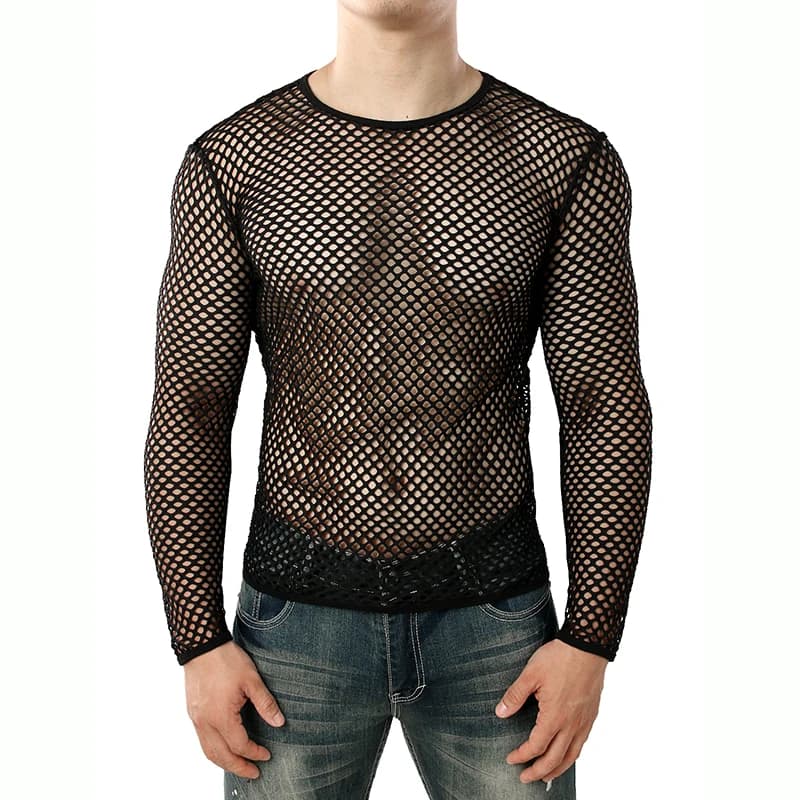 Mens Transparent Sexy Mesh T Shirt New See Through Fishnet Long Sleeve Muscle Undershirts Nightclub Party Perform Top Tees