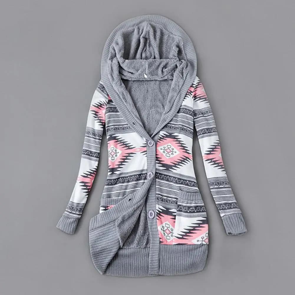 Fashion Women Cardigan Hooded Skin-friendly Sweater Cardigan Buttons Closure Hooded Plush Lining Sweater Cardigan