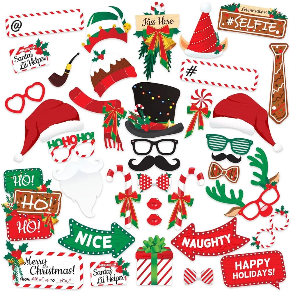 38pcs Christmas Photo Booth Props Kit Christmas Party Decorations Selfie Holiday Photo Booth Props for Gatherings Parties