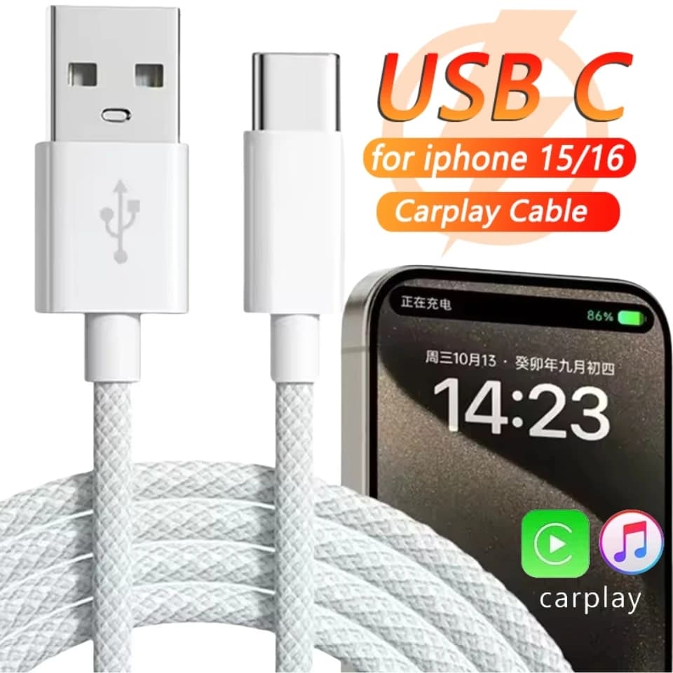 USB C Mobile Phone Cable Fast Charging USB A To Type C Nylon Braided Cord for Carplay IPhone 15/16 Pro/15 Pro Max/15 Plus