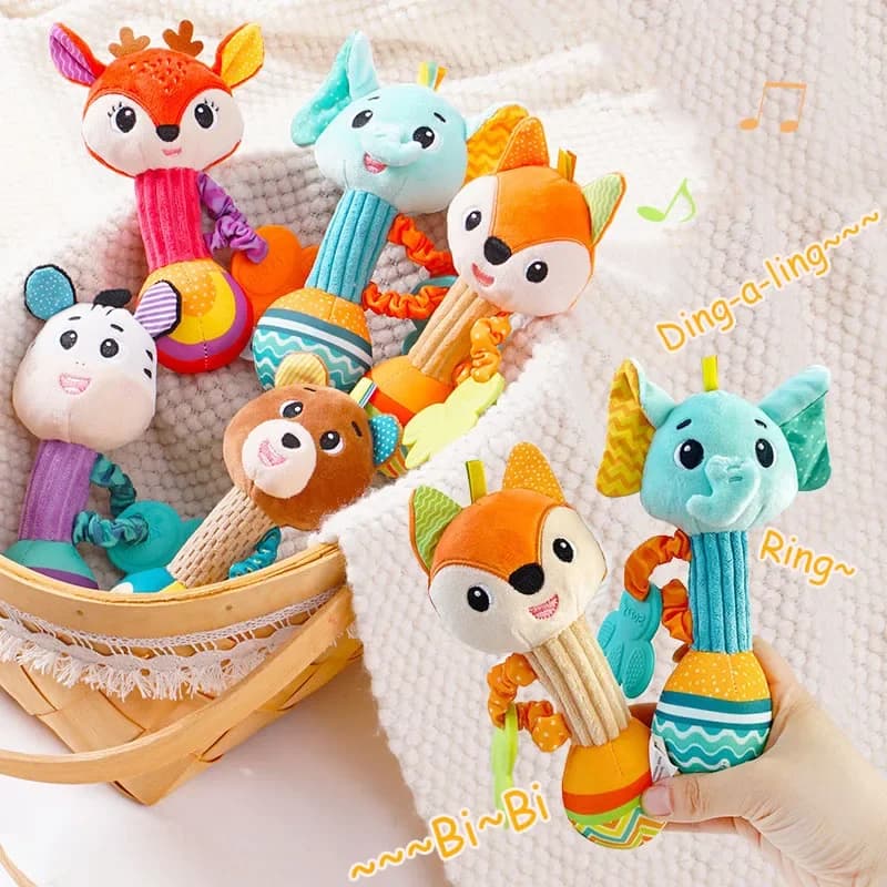 Baby Rattles Soft Stuffed Animal Rattle Hand Grip Baby Toys Shaker Crinkle Squeaky Sensory Travel Accessories for Toddler Gifts