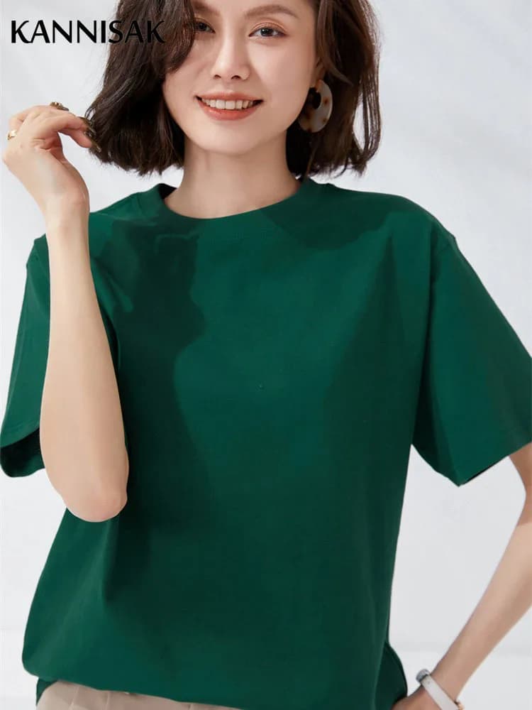 Women T-shirts 2025 Summer Tops Solid Short Sleeve Loose O-neck 100% Cotton Casual Ladies Shirts Harajuku Korean Woman Tshirts