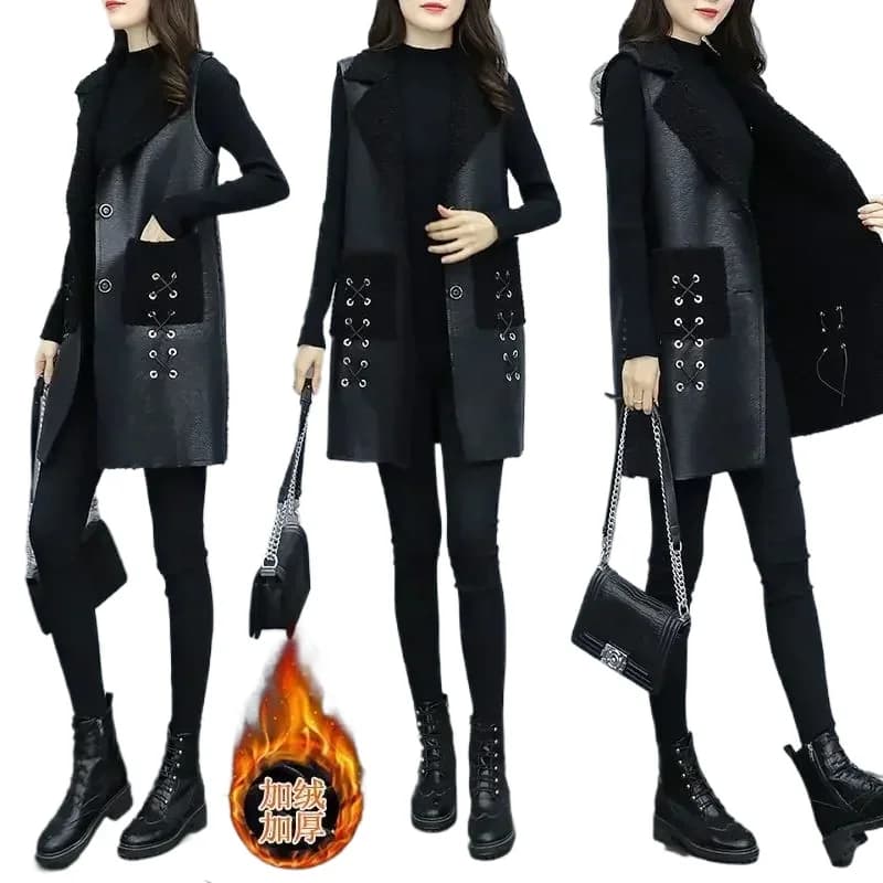 Winter wool Leather Vest Women's Clothing 2025 PU Jacket Korean Solid Sleeveless Vest Mid Long Coat Female Waistcoat Outerwear