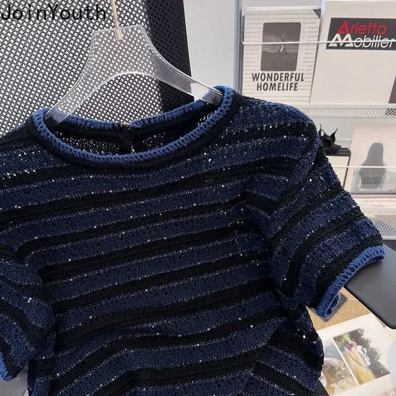 Shirts for Women Knit Tshirts 2025 Ropa Mujer Short Sleeve O-neck Striped T Shirts Y2k Tops Chic Casual Summer Tees Crop Top