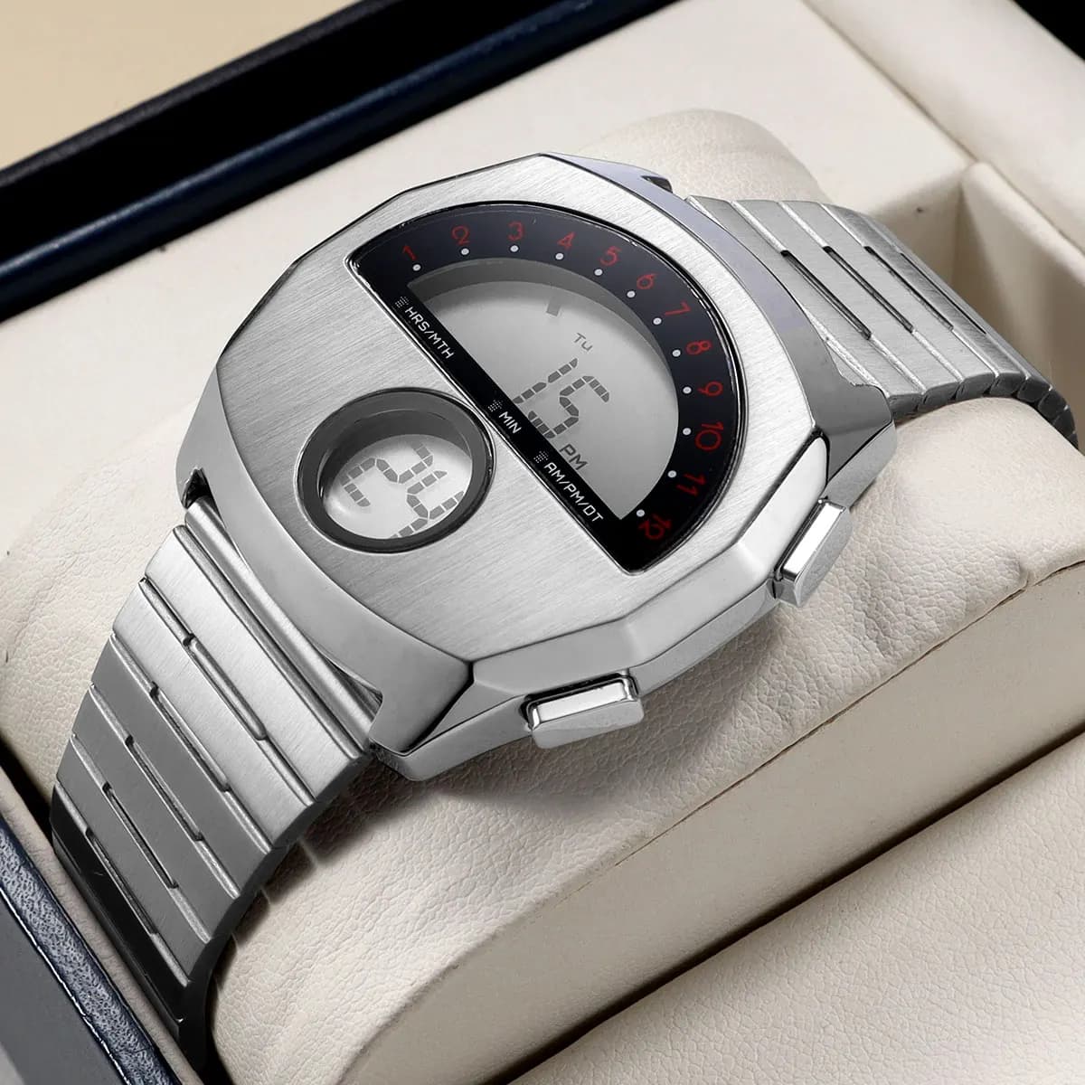 Digital Watch for Men Stainless Steel Band Dual Display Electronic Wristwatch with Alarm Waterproof Sports Watch Daily Casual