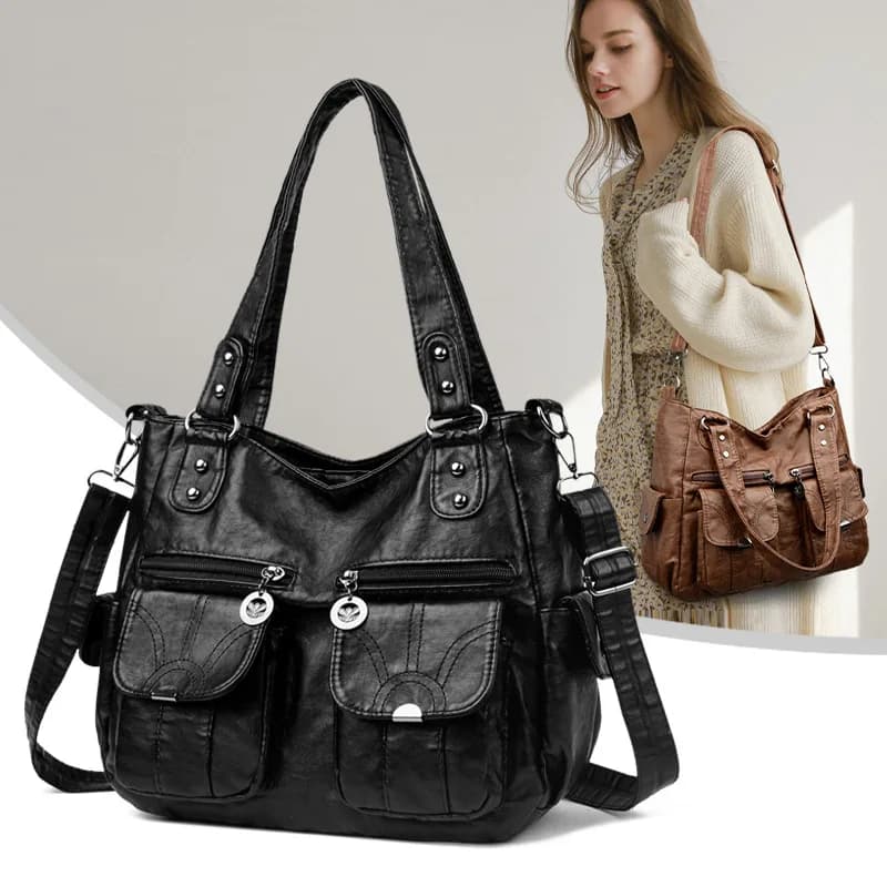 Large Capacity Washed Leather Single Shoulder Tote Bag for Women Fashionable Versatile Commuter Bag Soft PU Material