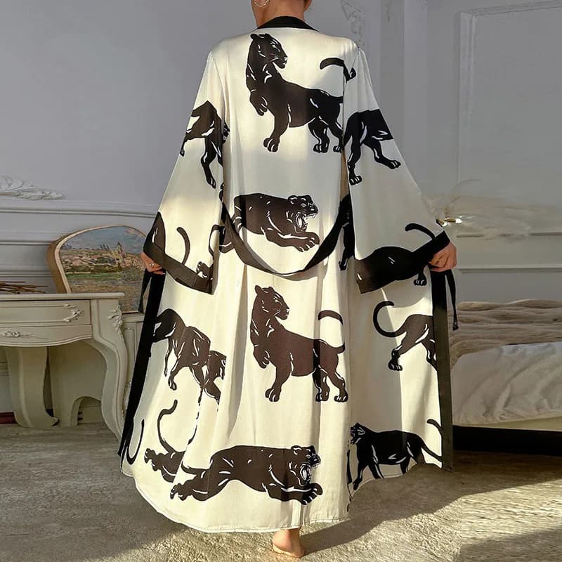Wedding Party Dress Fashion Printed Robe Women's Clothing Loose Silk Satin Sleepwear Night Gowns Long Sleeve Ladies Bathrobe