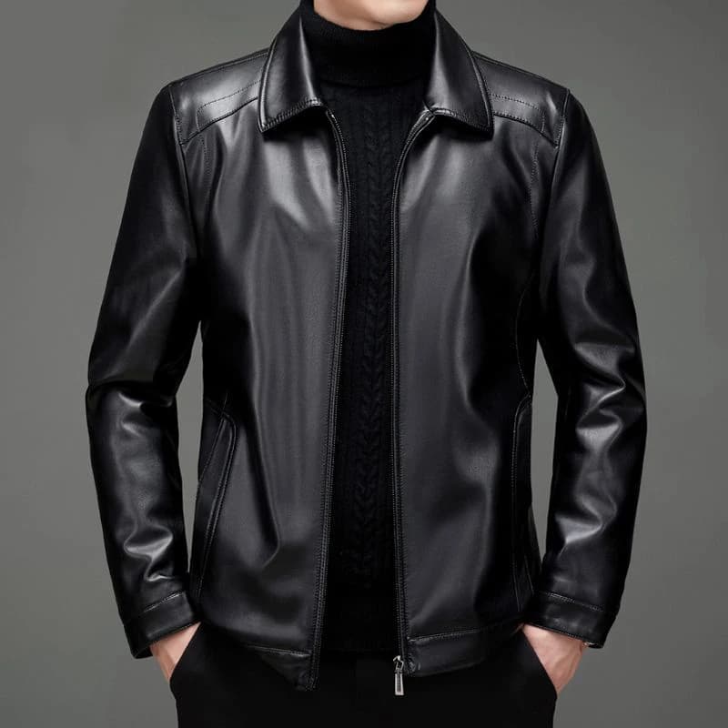 2026 New Men's Genuine Leather Spring Autumn Jacket Thin Sheepskin Casual Middle-aged Dad Leather Coat Zipper Closure Long Sl...