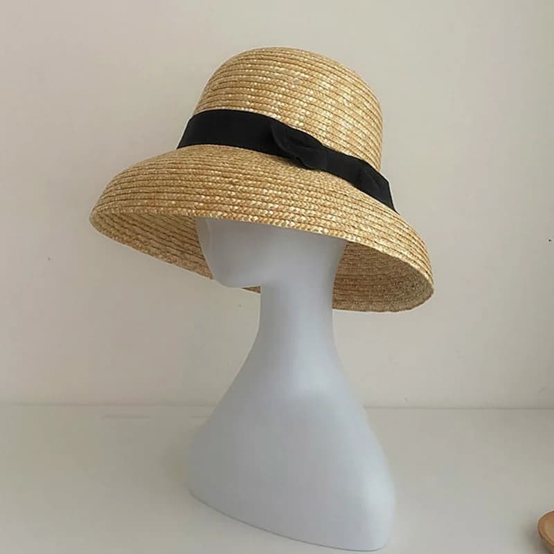 Handmade Women Cloche Hat Natural Wide Brim Summer Hats Ribbon Bow Ladies Fine Straw Fedoras Kentucky Derby UV Beach Hat Outdoor