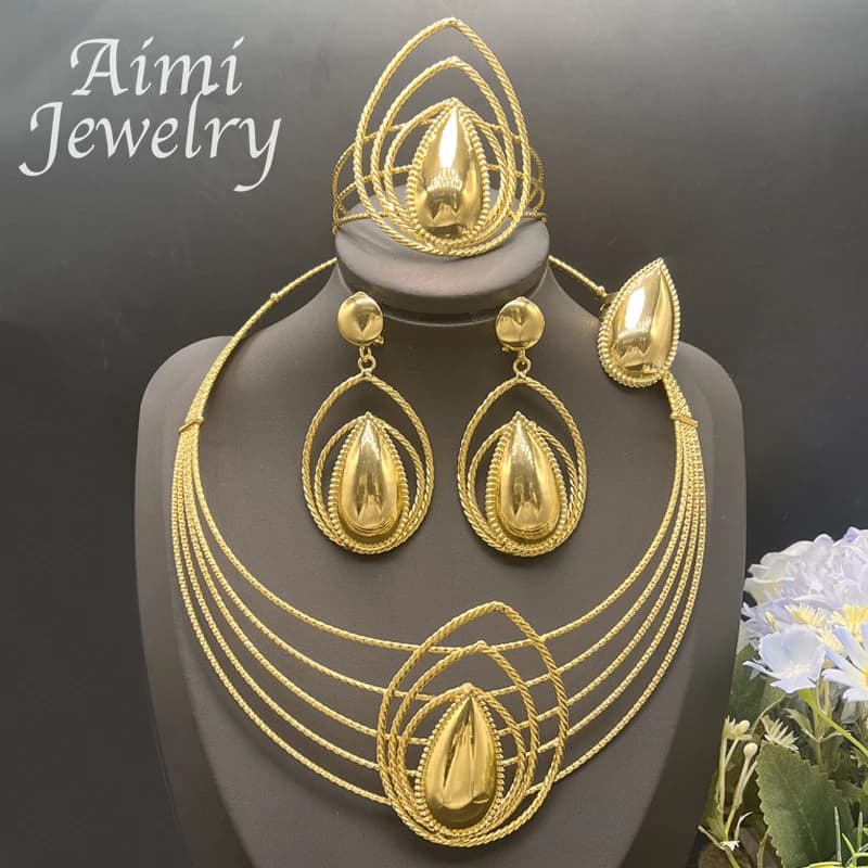18K Gold Plated Golden Jewelry Set for Women African Necklace Pendant Earring Bracelet Ring Luxury Fashion Party Wedding Gifts