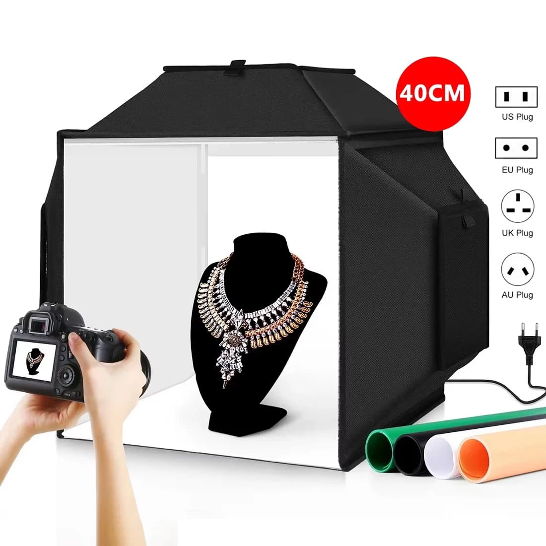 40cm/15.8'' Photo Studio Light Box,Foldable 72W 5500K Photography Studio Shooting Tent Box Kits,Photo Lightbox 4 Colors Backdrop
