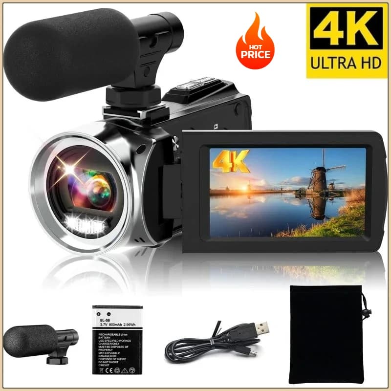 4K Camcorder with Microphone 18X Zoom Infrared Vlogging Video Camera for Youtube 48MP Portable Digital Recorder Live Streaming